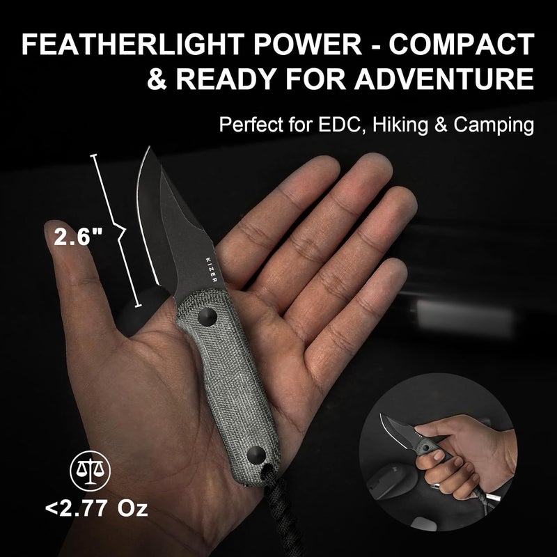 KIZER Drop Bear Fixed Blade Knife, 2.6" AEB-L Black Stonewash Blade EDC Camping Knife with Black Micarta Handle & Hidden Tools, Full Tang Hunting Survival Knives with Adjustable Kydex Sheath, 1092A1 - Image 2